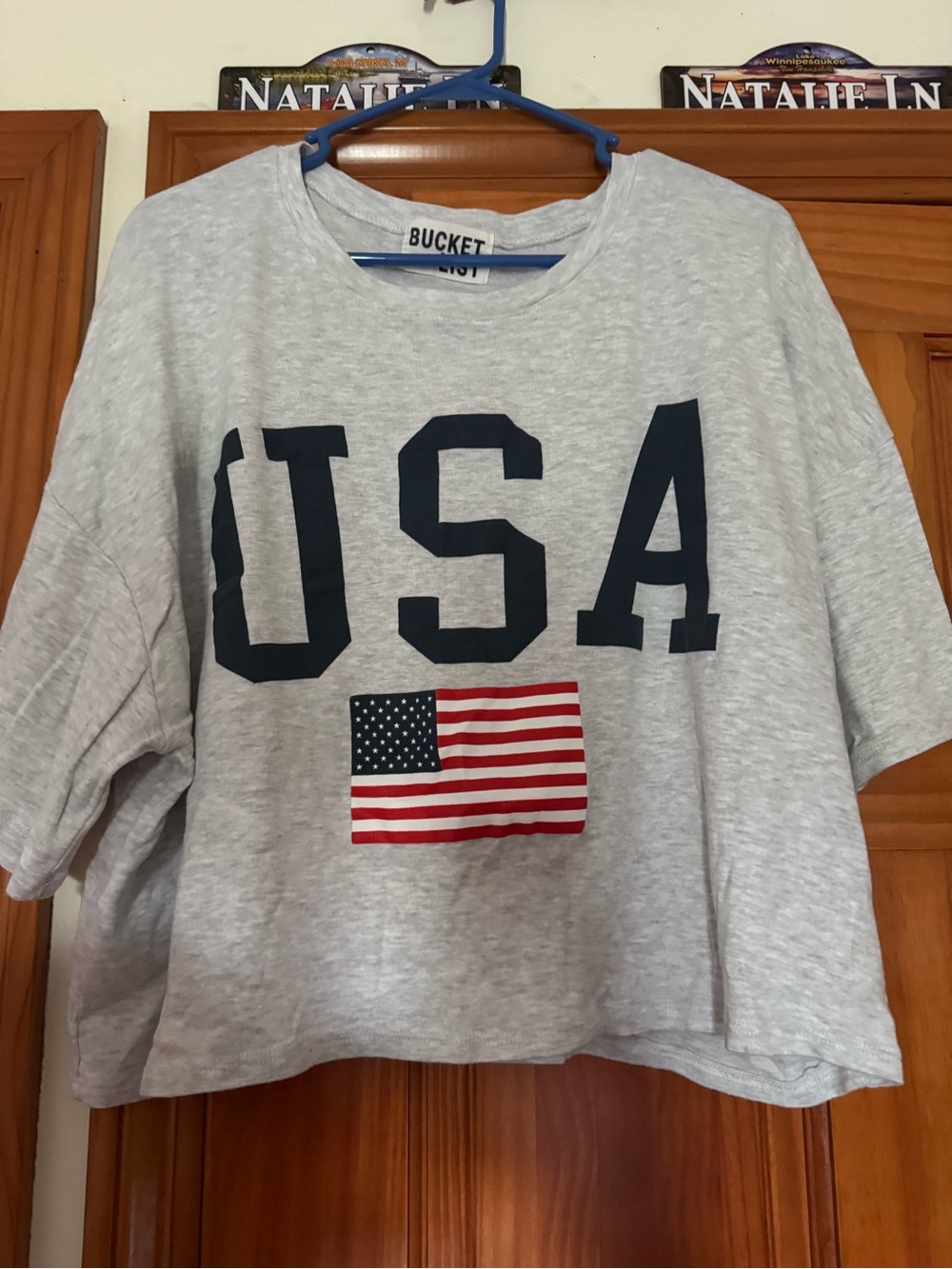 BUCKETLIST Gray USA Crop Top with Navy and Red Flag Graphic